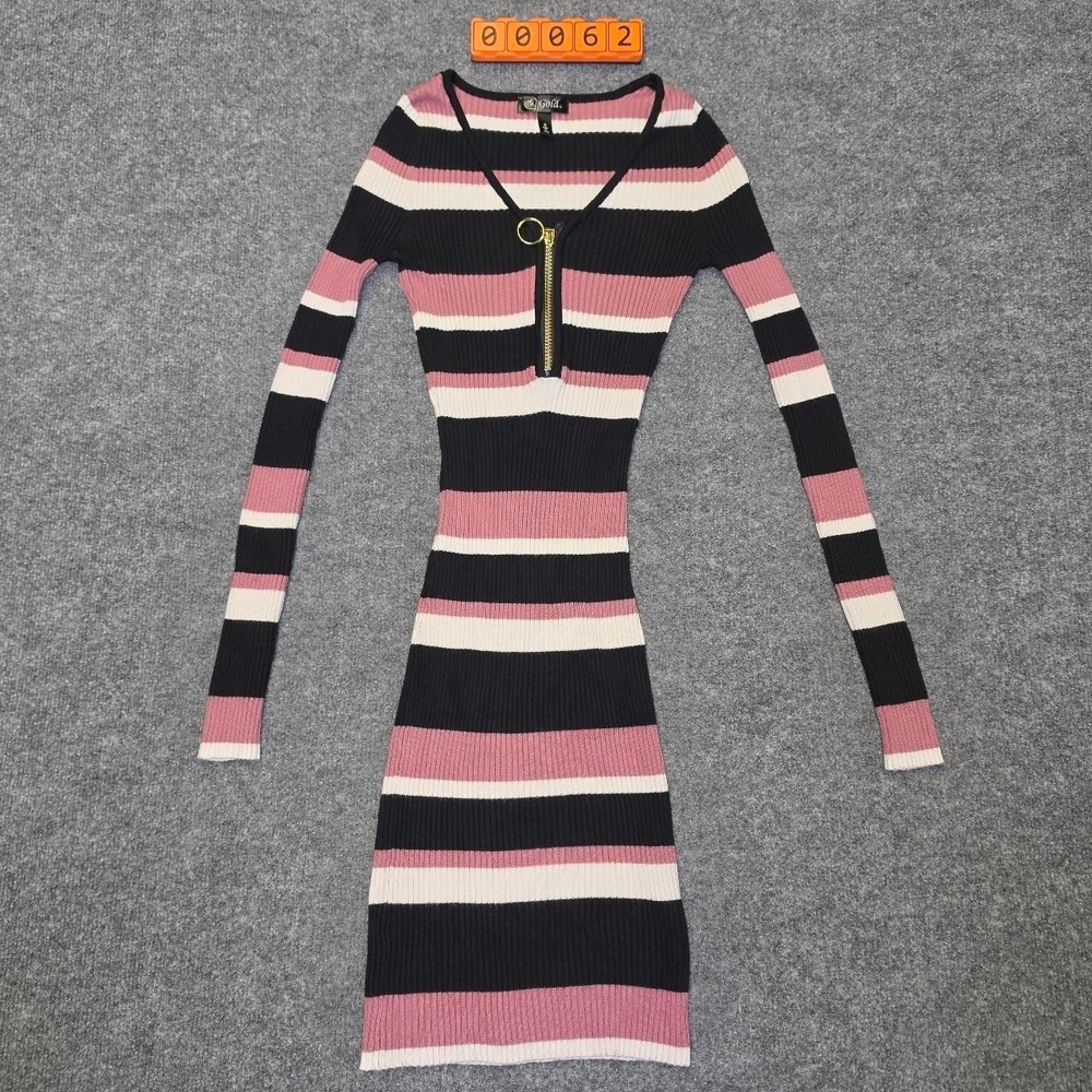 LA Gold black, pink, and white horizontal striped long sleeve bodycon dress.
